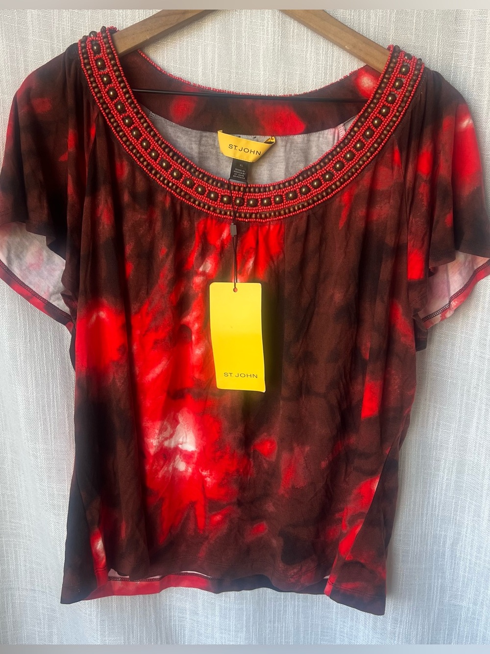 NWT St. John Red & Brown Beaded Scoop Neck Blouse